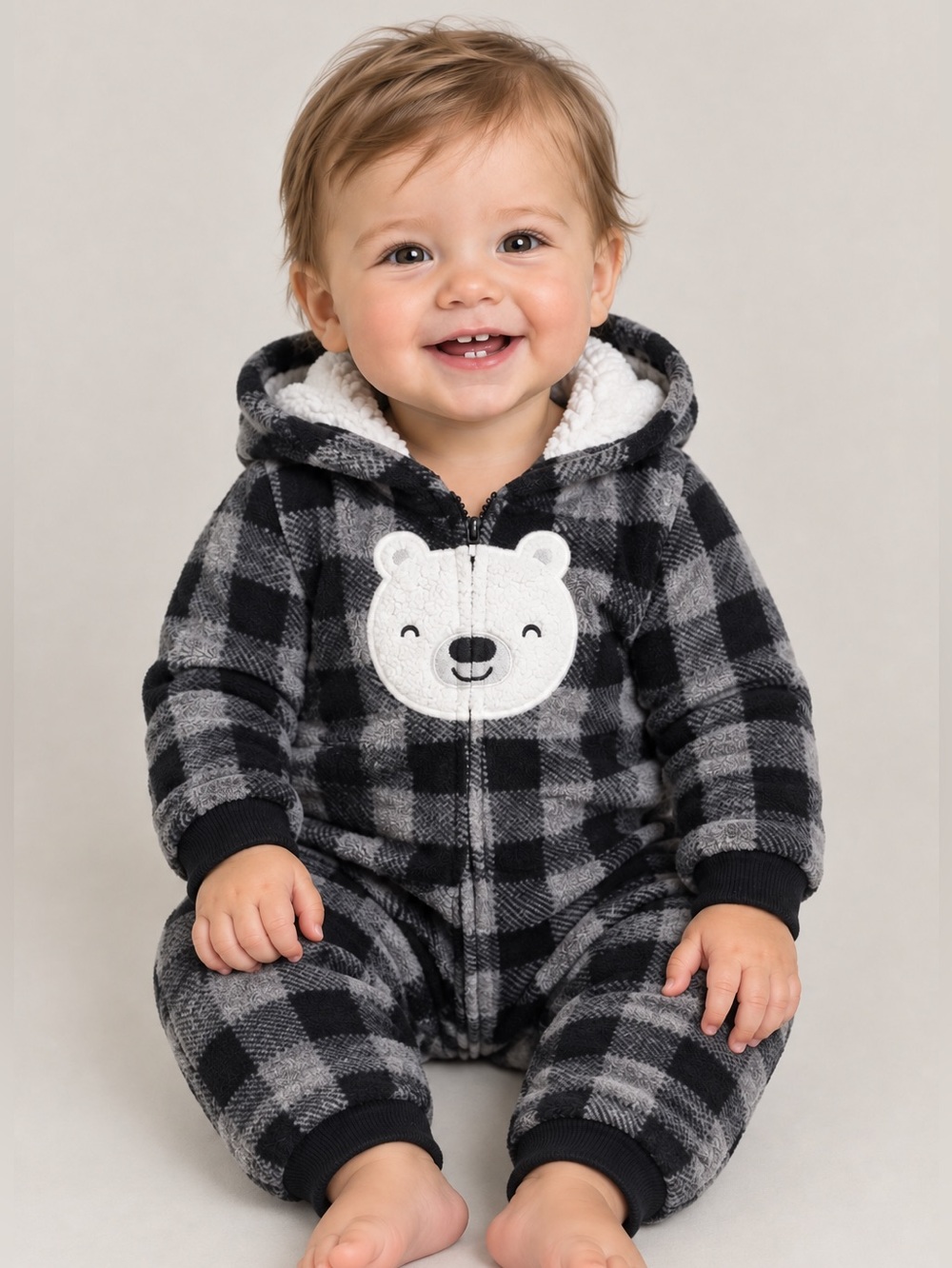 Carter's Black and Gray Buffalo Plaid Polar Bear Hooded One-Piece - 12 Months